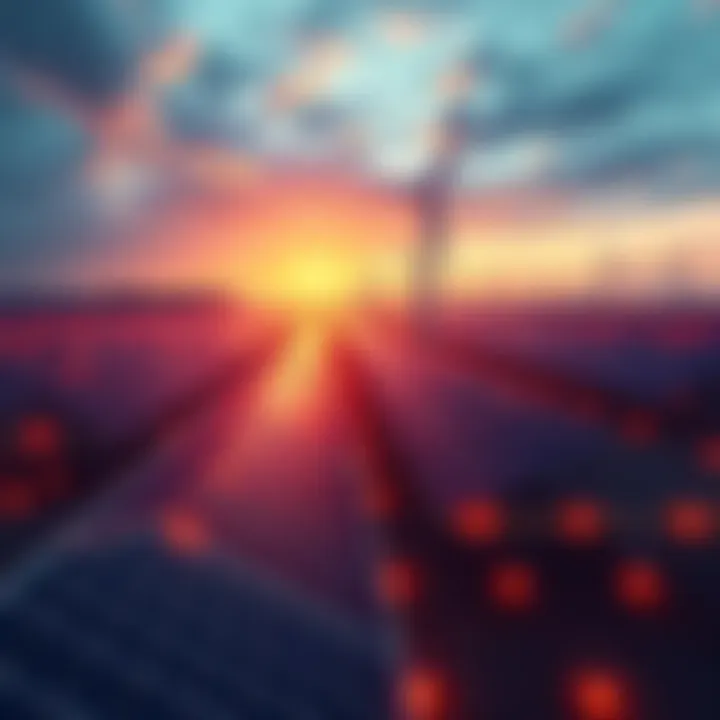 Aerial view of a power grid with solar panels and wind turbines, symbolizing innovation in energy delivery.