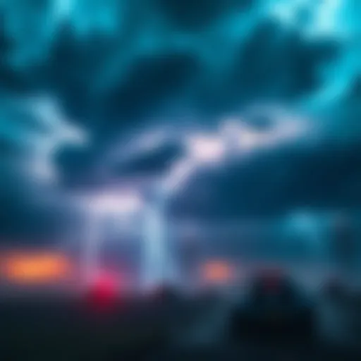 A stormy sky with dark clouds and lightning, depicting severe weather impacting a gaming scene.