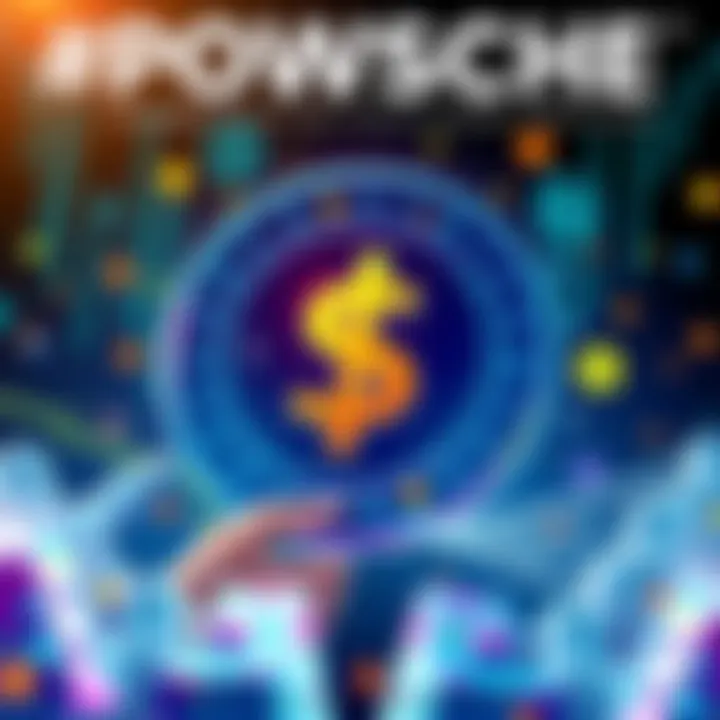 Illustration of the $POWSCHE logo with digital currency symbols and community icons