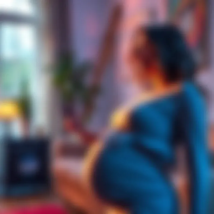 A pregnant individual sprays air freshener in a cozy home setting, trying to eliminate unpleasant odors.