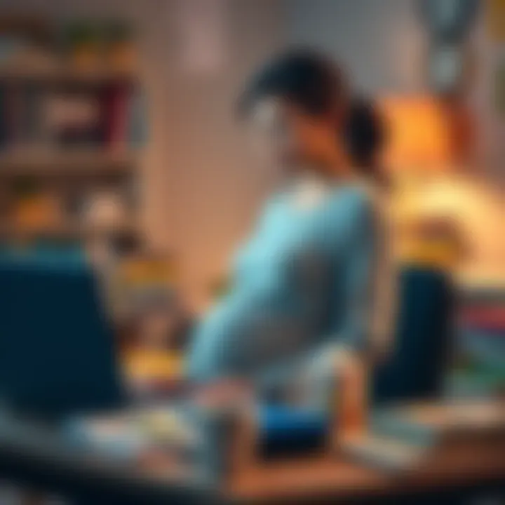 A pregnant teacher sitting at a desk with a laptop, looking thoughtful as she searches for remote job opportunities, surrounded by children's books and educational materials.
