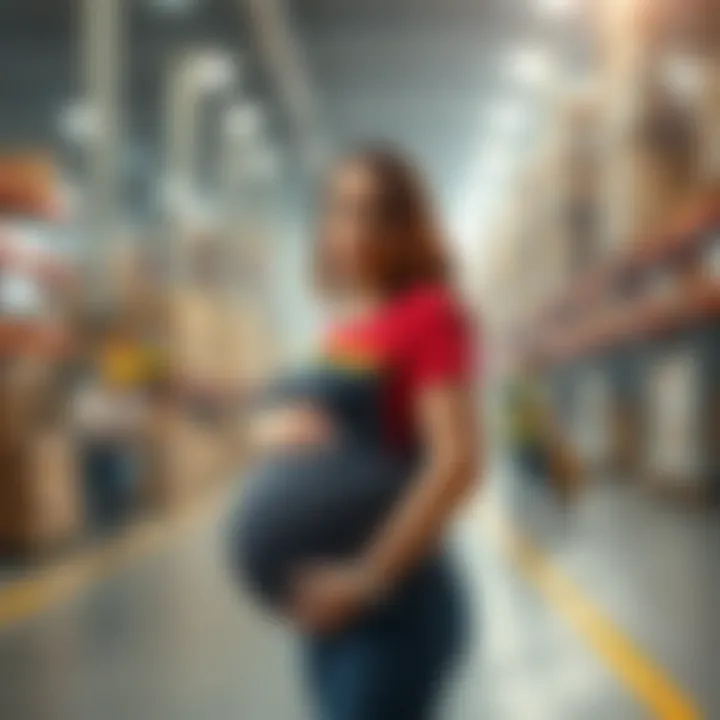 Pregnant worker standing with frustration A pregnant woman looks upset, holding her belly, with Amazon Warehouse in the background showing workers