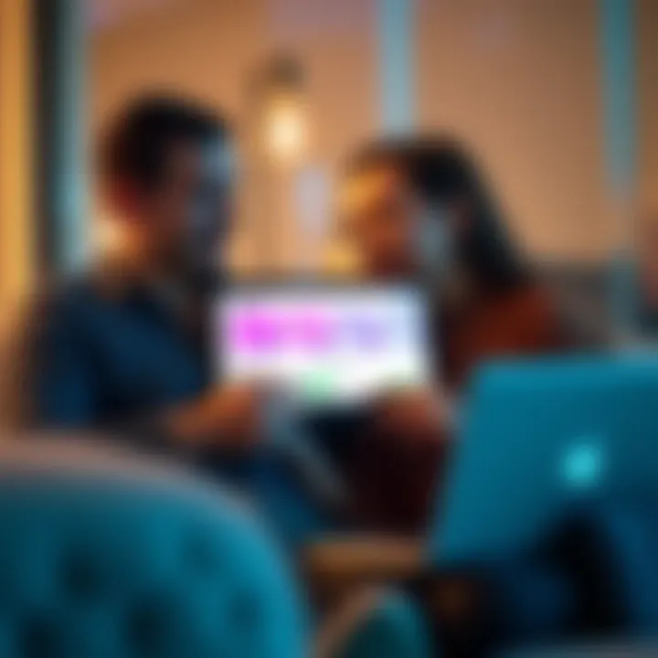 Couple comparing prices on a laptop for their Madrid trip, showing different prices on Revolut and Expedia.