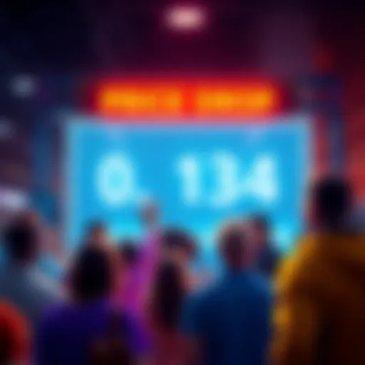 A visual of a price drop sign showing .134, with people excitedly discussing the deal.