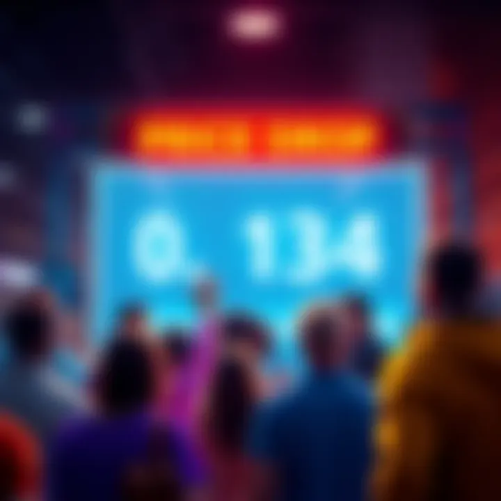 A visual of a price drop sign showing .134, with people excitedly discussing the deal.