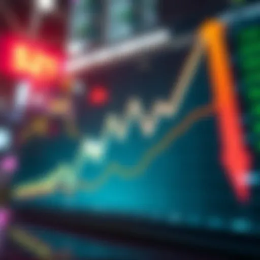 A downward trending line graph showing decreasing prices in various markets