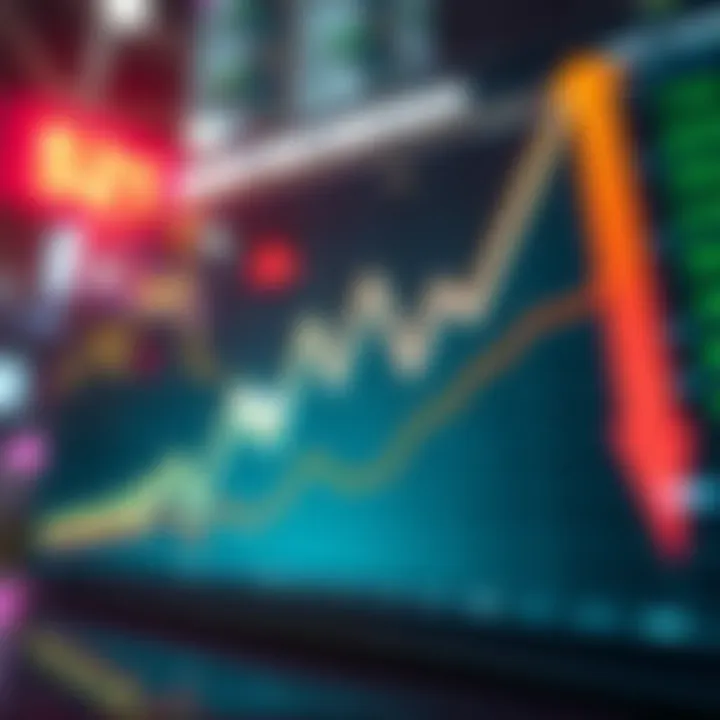 A downward trending line graph showing decreasing prices in various markets