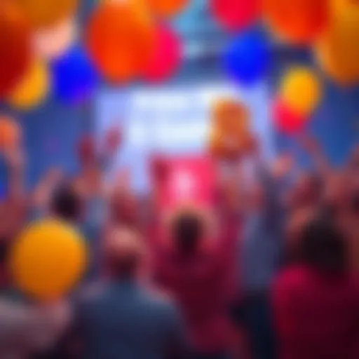 Group of excited people celebrating as price rises to 8 cents with balloons and banners