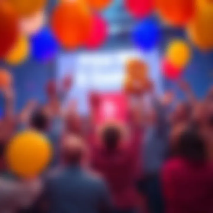 Group of excited people celebrating as price rises to 8 cents with balloons and banners