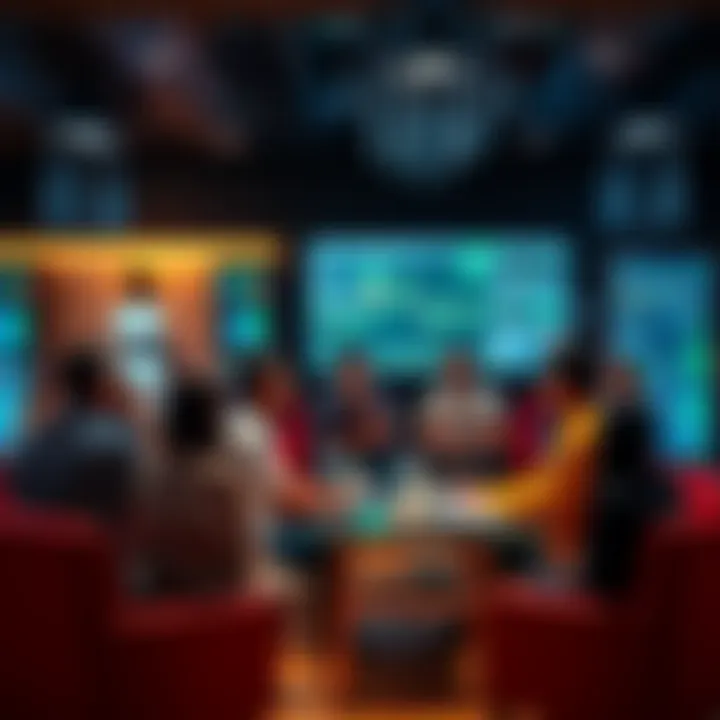 Price target discussion A group of people discussing price targets in a casual setting, with charts and graphs visible on a screen