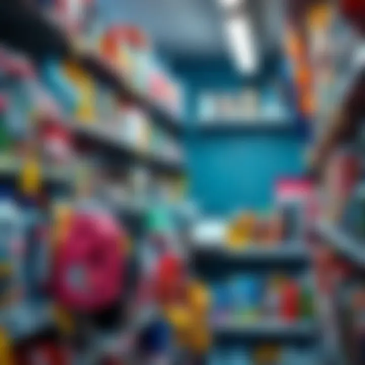 Products on a Store Shelf A cluttered store shelf filled with unsold products, showcasing items that have not attracted buyers, with tags indicating discounted prices.