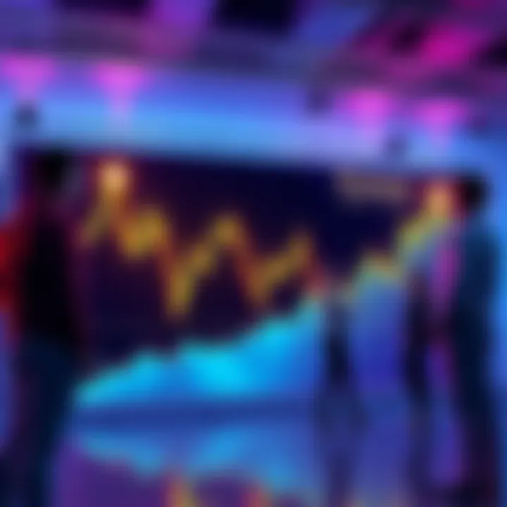 Graphic showing a chart of Kaspa price trends with people discussing strategies and exchanging ideas.