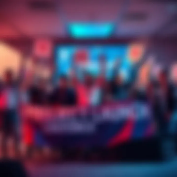 A group of excited people celebrating the official launch of a new project with signs and banners