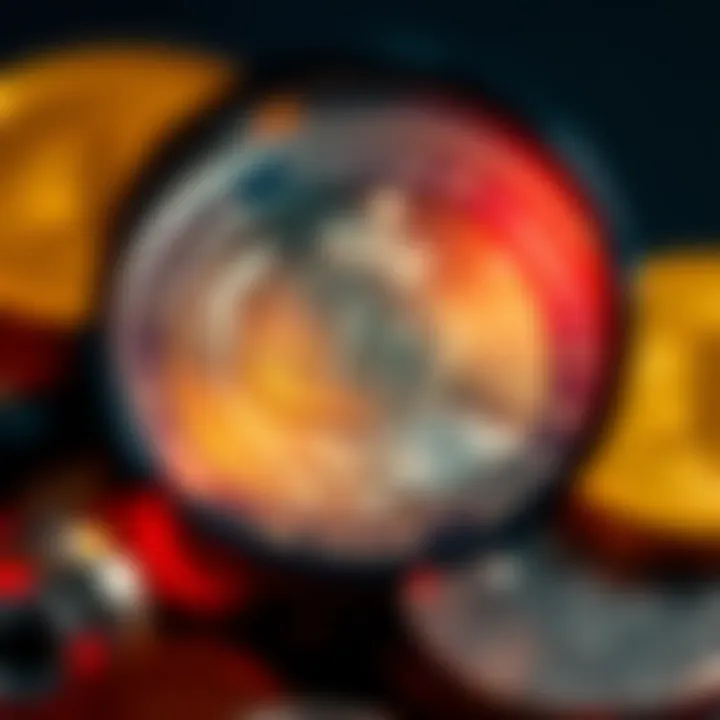 A close-up of a proof coin under a magnifying glass, highlighting its surface details and potential flaws.