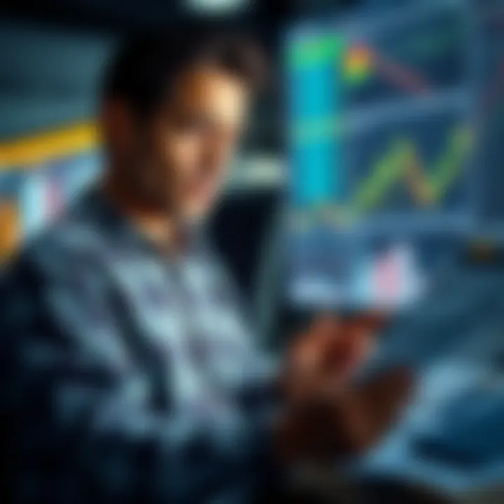 A person reviewing financial documents and charts, looking concerned about market conditions while holding a calculator.