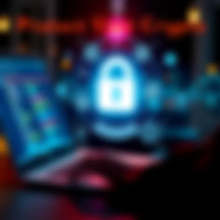 A person using a laptop with a lock icon and cryptocurrency symbols, representing online safety and security measures in the crypto world.