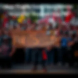 A protester at the 'Stop Cop City' rally holding a large banner with graffiti-style lettering, surrounded by a crowd of supporters, displaying a strong message for privacy and activism.