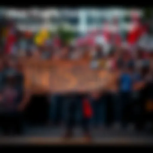 A protester at the 'Stop Cop City' rally holding a large banner with graffiti-style lettering, surrounded by a crowd of supporters, displaying a strong message for privacy and activism.