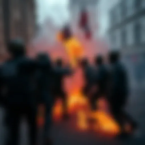 A group of far-right protesters and police officers engaged in a violent confrontation on the streets of the UK, with smoke and chaos surrounding them.