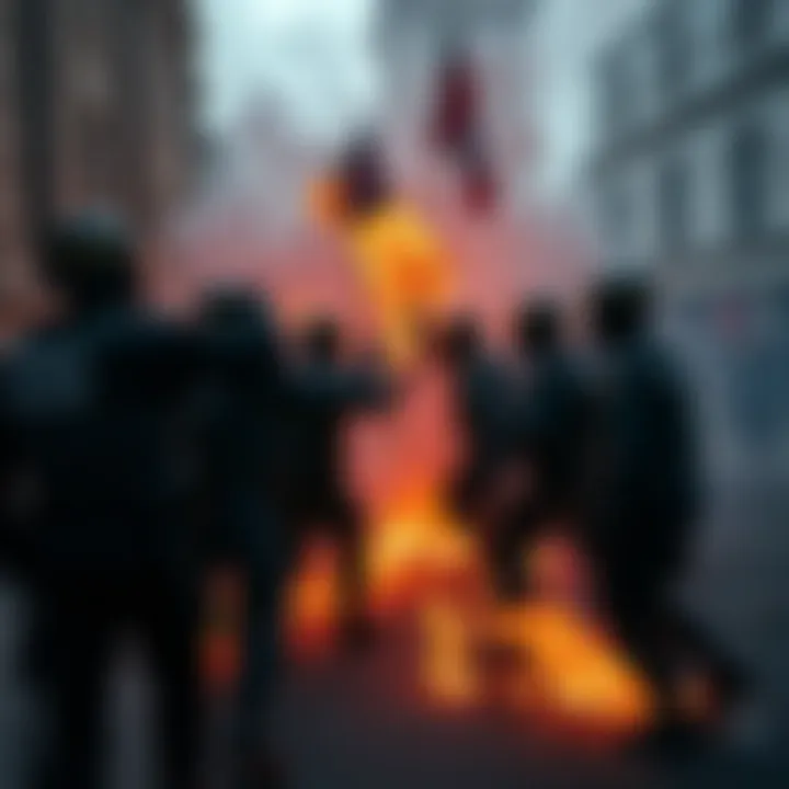 Protesters Clashing with Police A group of far-right protesters and police officers engaged in a violent confrontation on the streets of the UK, with smoke and chaos surrounding them.
