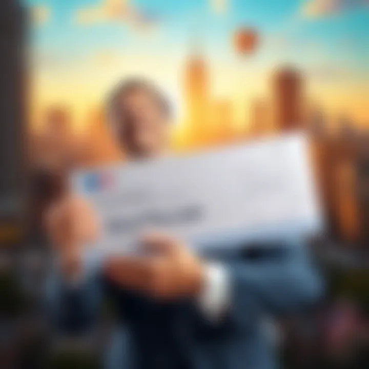 A happy politician holding a check, symbolizing their first major payout after a successful takeover. Background shows city parcels, illustrating victory in the political race.