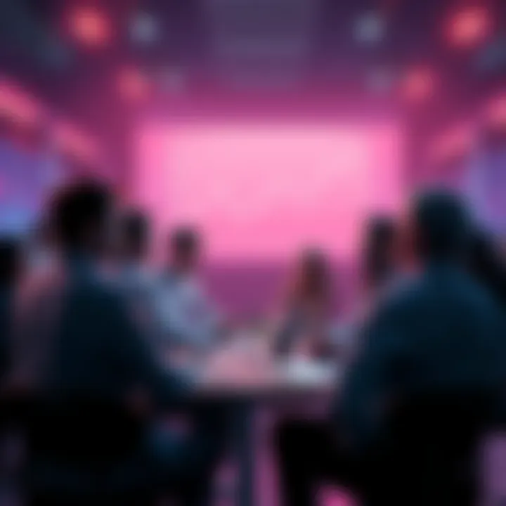 A group of people engaged in discussions about public nodes and blockchain technology, with a chart showing trends in the background.