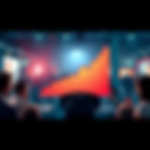 A chart showing upward trends in public opinion with various people discussing in the background