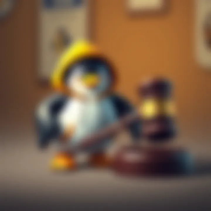 A cartoon penguin wearing a hoodie stands next to a gavel, symbolizing a trademark lawsuit against the Pudgy Penguins brand.