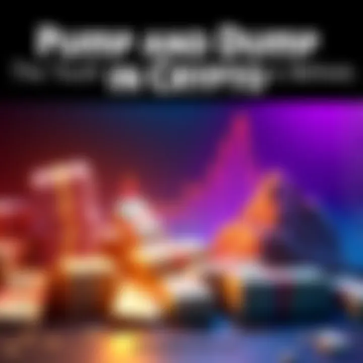 A graphic showing a cryptocurrency chart with sharp peaks and valleys, representing pump and dump schemes, alongside stacks of cash indicating liquidity injection.