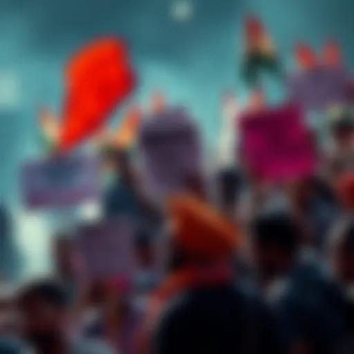 People protesting against Punjab's AAP government, holding signs and banners questioning official actions and demanding transparency.