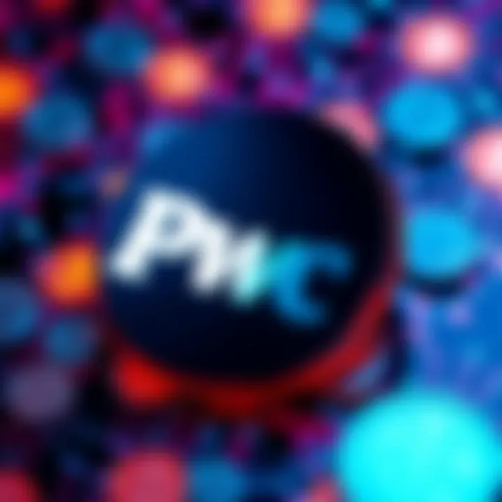 A PwC logo with a backdrop of digital currency symbols, showcasing the company's new focus on cryptocurrency.