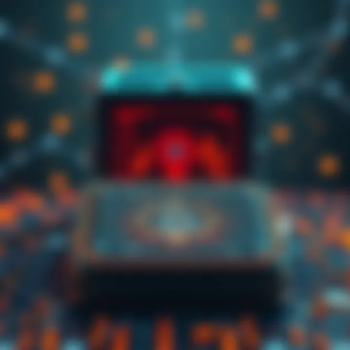 A visual representation of a quantum computer looming over a digital cryptocurrency wallet, symbolizing the potential security threat to crypto savings.