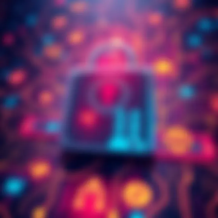 Illustration of a digital ledger with a padlock and quantum symbols, representing enhanced privacy in data security against quantum computing threats.