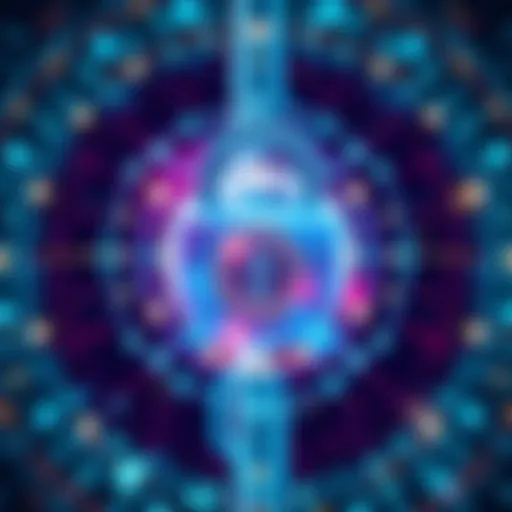 An illustration showing a digital lock representing quantum security, with blockchain symbols in the background and a futuristic theme.