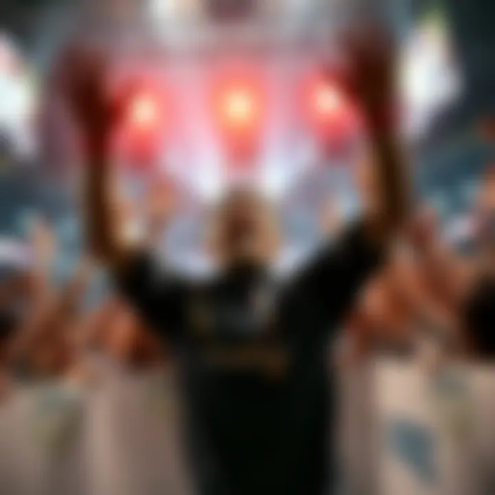 A participant celebrates their victory with a triumphant pose after winning in under a minute, surrounded by cheering supporters.