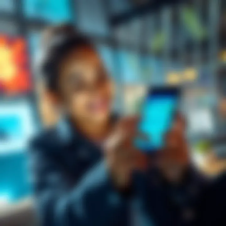 A person smiling while checking their PayPal account on a smartphone, showing instant cash out confirmation from Atlas, with a cheerful atmosphere and money symbols in the background.