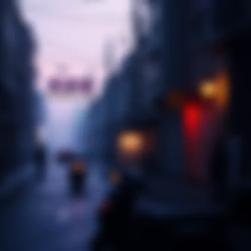 A quiet street scene with subtle signs of life, like a distant figure and a flickering light suggesting unseen activity.