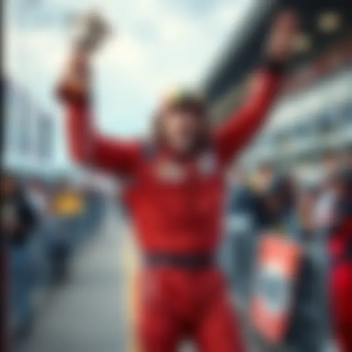 Racer at finish line with trophy A racer celebrating at the finish line, holding a trophy with a surprised expression, amid a crowd of onlookers questioning the outcome.