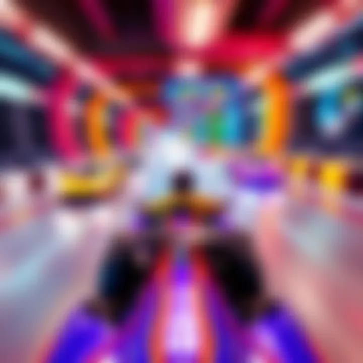 Players racing in a vibrant virtual track with colorful cars and strategic lanes