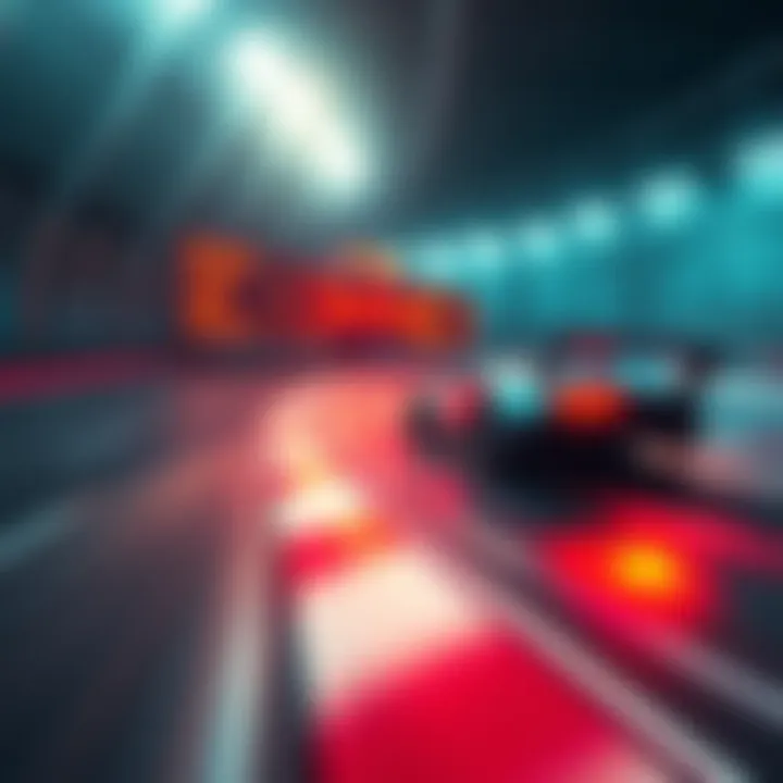 A racing car speeding through a track with a scoreboard displaying easy completion times