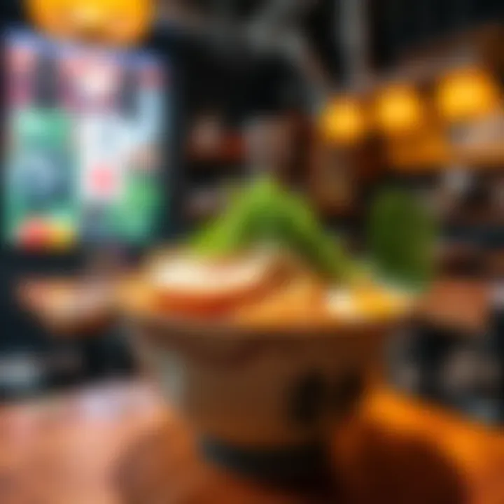 A steaming bowl of ramen topped with green onions and soft-boiled egg, served in a vibrant restaurant setting