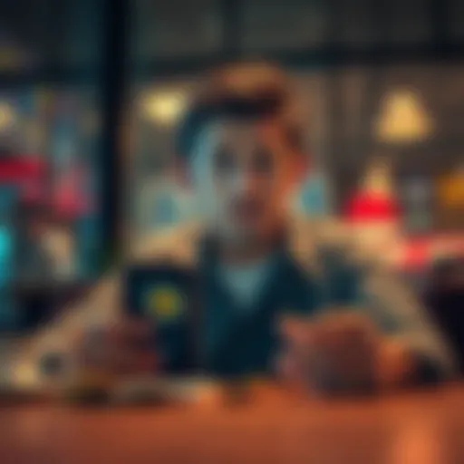 A person sitting at a table, looking confused while holding a smartphone with a random coin displayed on the screen