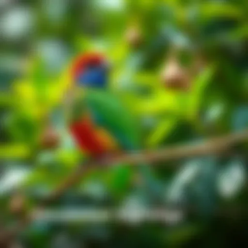 A colorful bird perched on a branch with lush greenery in the background, showcasing Victoria's rich biodiversity