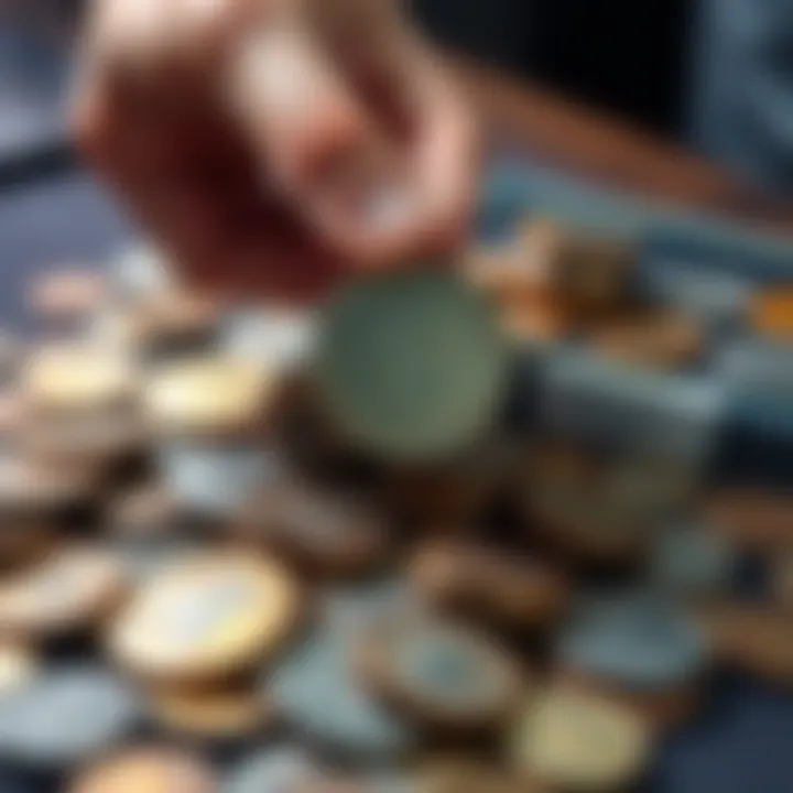 A collection of shiny rare coins displayed on a table with one hand holding a coin, showcasing the find of a lifetime for only $100 CAD.