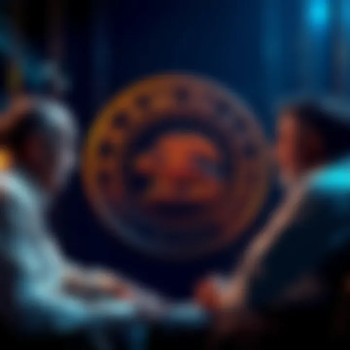RBI officials discussing crypto regulations with a digital rupee symbol in the background
