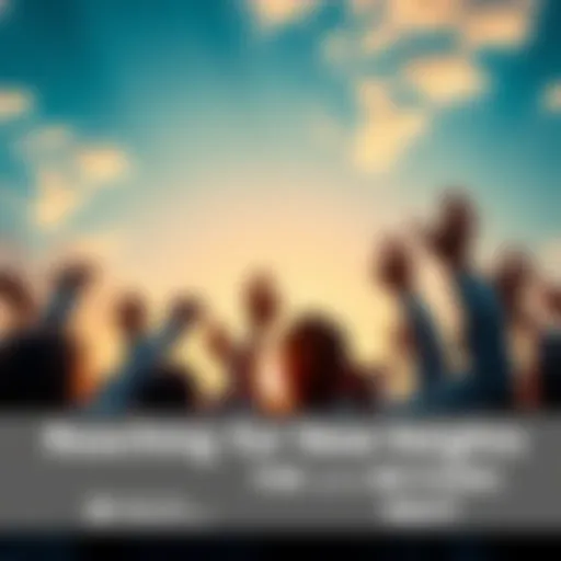 A group of diverse people celebrating a milestone achievement with hands raised towards the sky, symbolizing ambition and future opportunities.