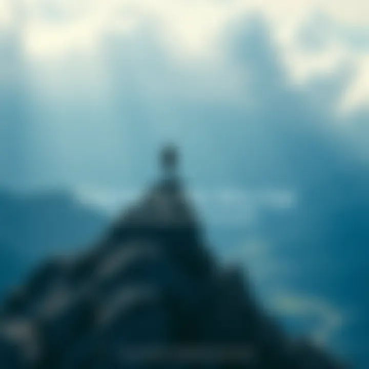 A person standing triumphantly on a mountain peak, looking out over a vast landscape, symbolizing success and achievement.