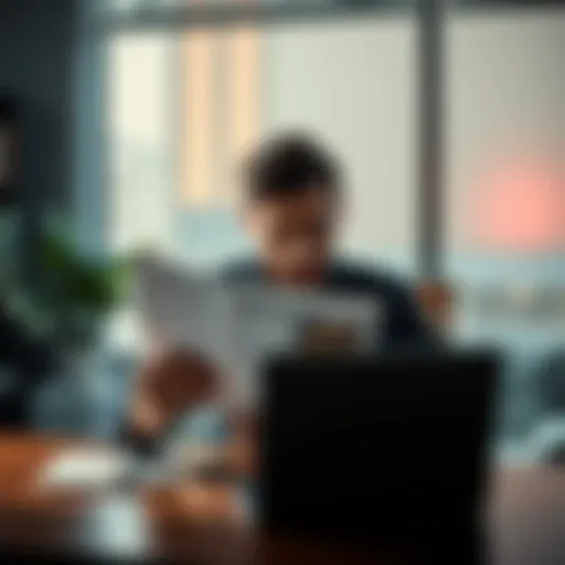 A person sitting at a desk, reviewing a printed copy of the Bitcoin whitepaper with a laptop in the background