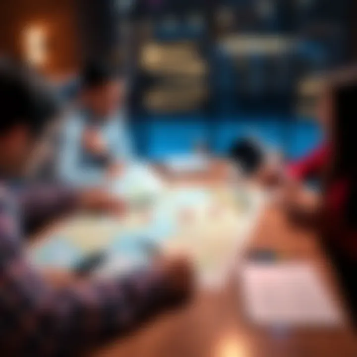 People discussing the choice between remote and busy real estate parcels, with a map and notes on a table