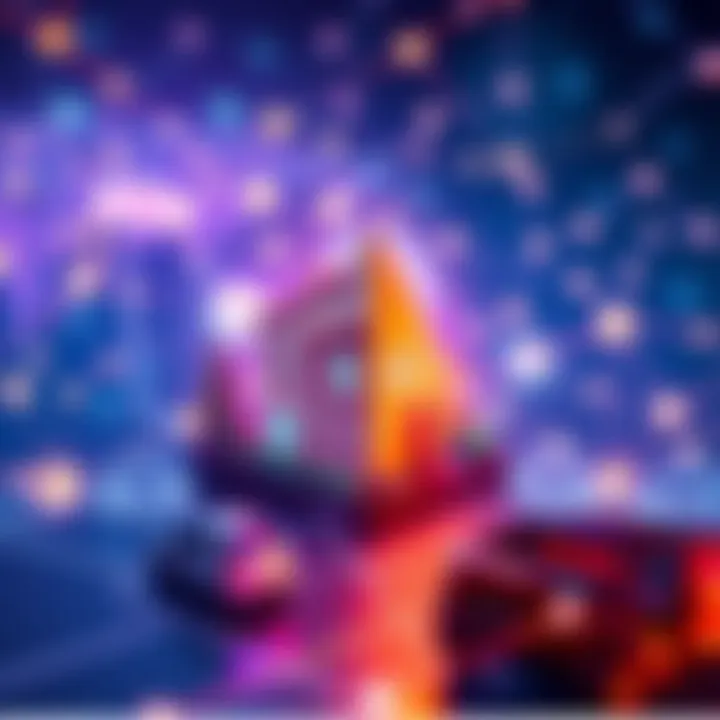 Illustration showing interconnected blockchain nodes and real-world assets like houses and cars.